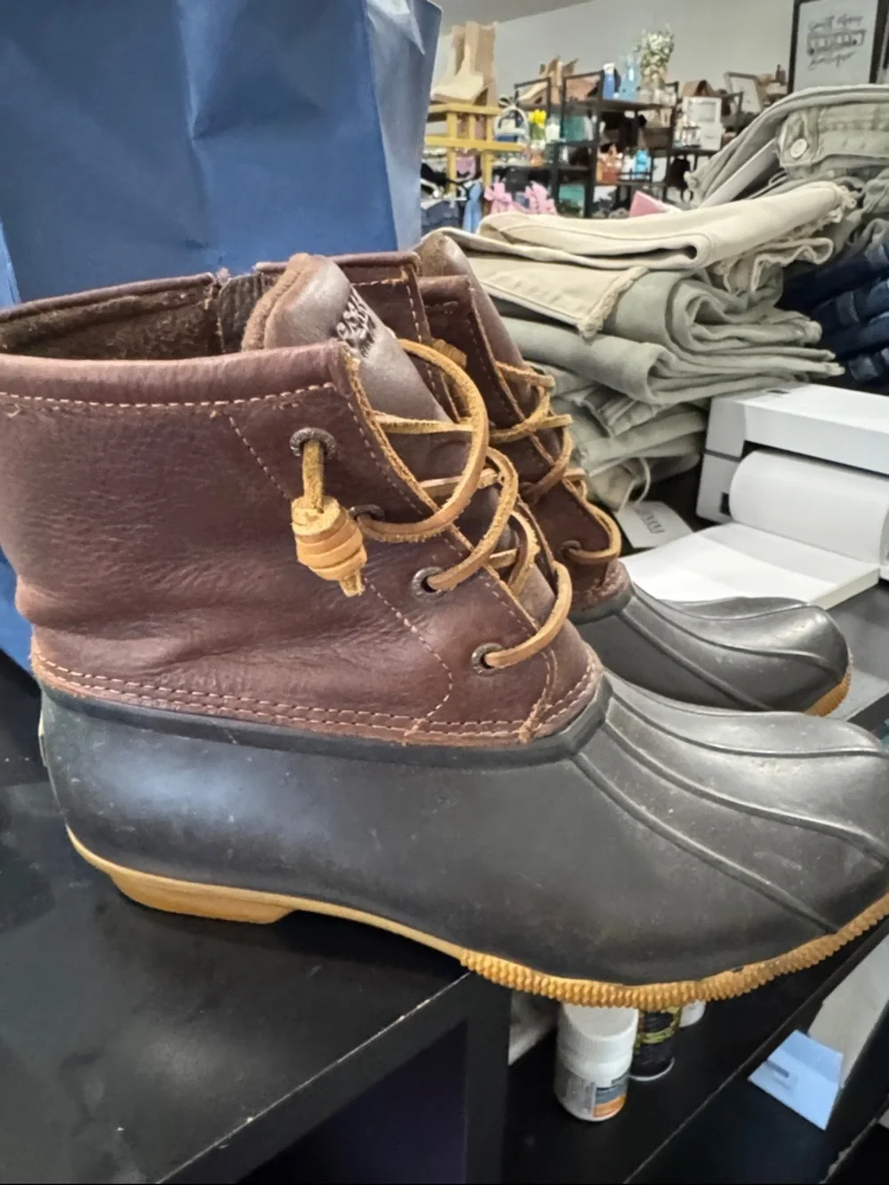 Sperry Two-Tone Brown Leather and Black Rubber Duck Boots